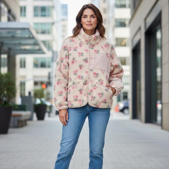 New In Women Cream Floral Print Corduroy Inserts Full Zip Sherpa Jackets Size M - Picture 1 of 9